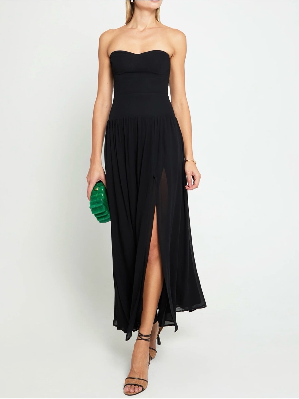NWT o.p.t Kinny Strapless Black Maxi Dress with High Front Slit